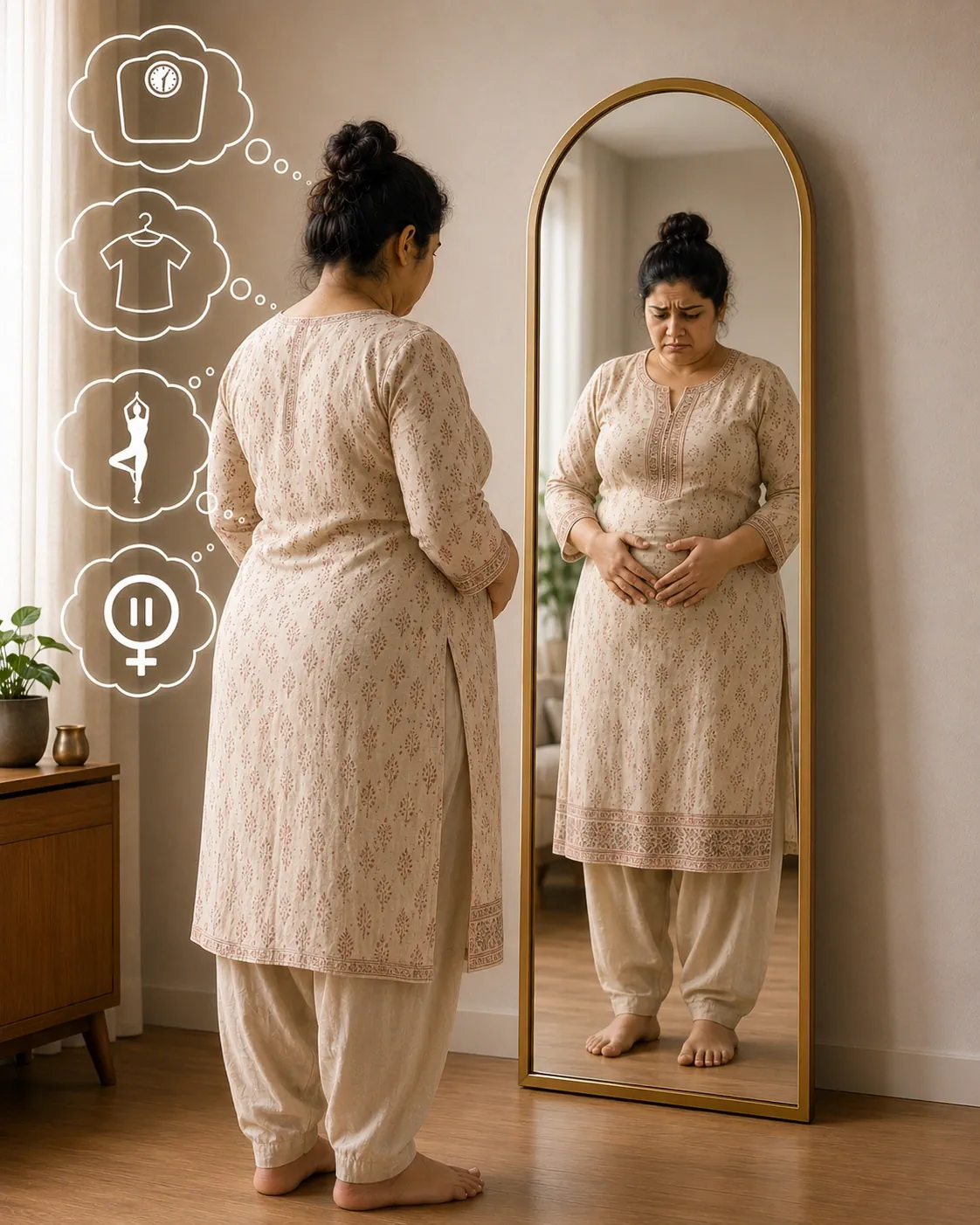 Woman looking at her reflection in the mirror